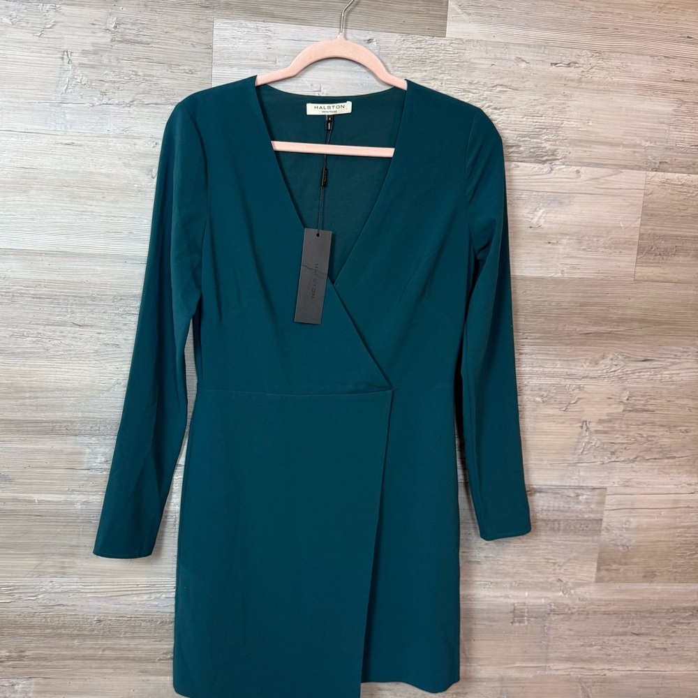NWT Halston Heritage V-Neck Wrap Front Mini Dress in Dark Spruce - Size 4 - Picture 10 of 10